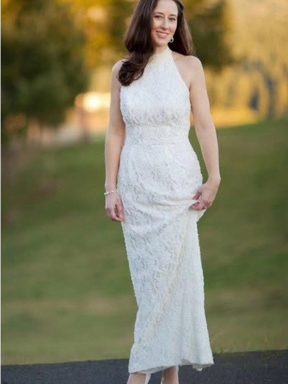 St. Tropez Ivory Pearl Beaded Lace Halter Wedding Dress Gown Size 8